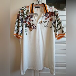 SHEIN White Polo Shirt with Tiger and Floral Design